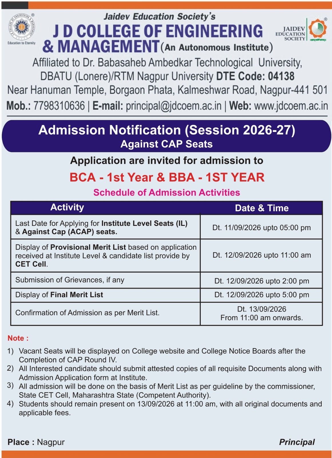 BCA - First year & BBA - First year Schedule of Admission Activity 2026–27